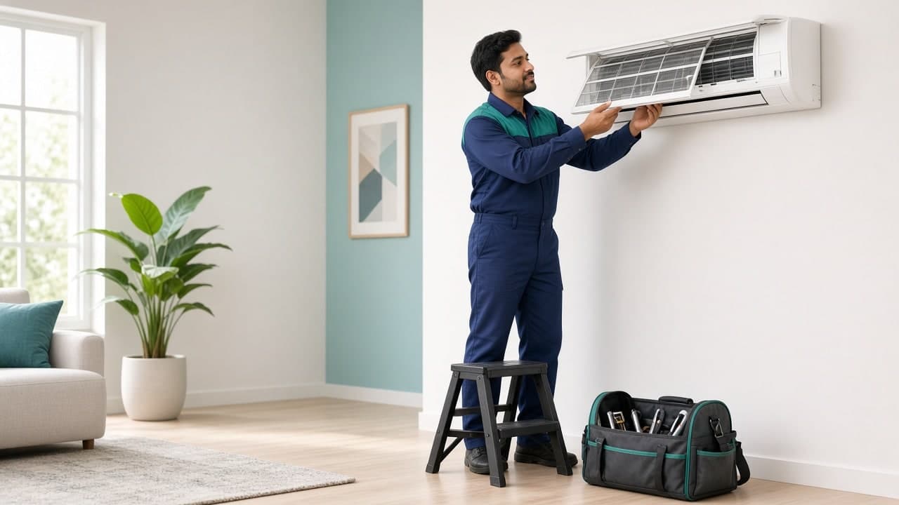 Fixcare technician servicing a wall-mounted split air conditioner in a Jammu home